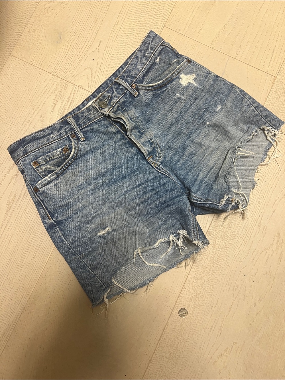 GRLFRND Light Blue Distressed High-Rise Denim Cutoff Shorts